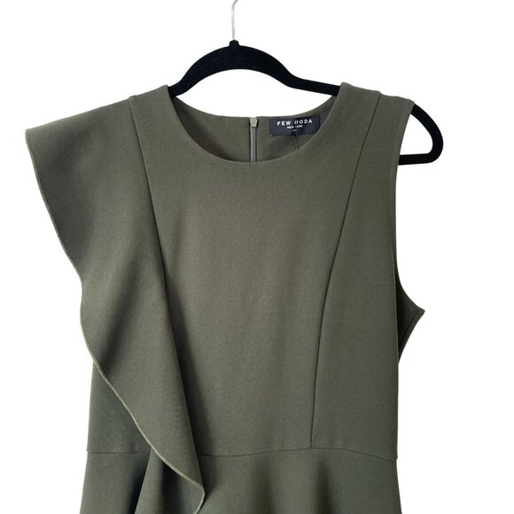 Few Moda Size S Side Ruffle Midi A-Line Flare Dress Green Olive Career - Picture 4 of 9